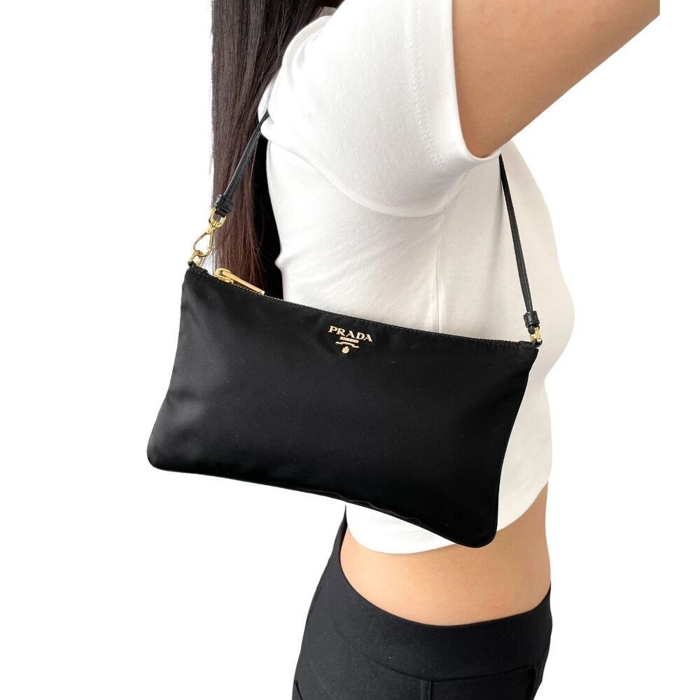 PRADA Tessuto Nylon Mini Shoulder Bag Pochette Pouch Black Gold